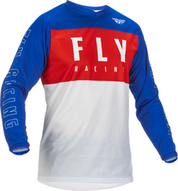 Fly Racing F-16 Jersey in red, white, and blue featuring a sporty design and lightweight fabric for motocross riding.