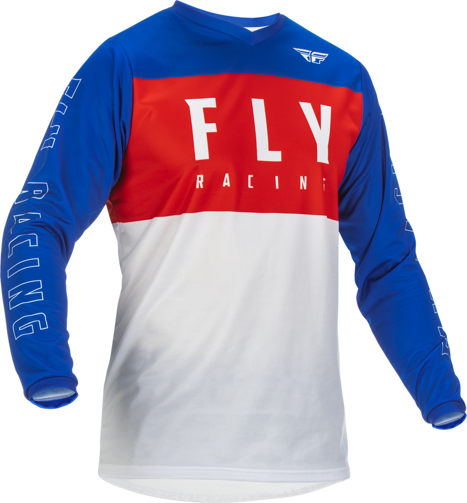 Fly Racing F-16 jersey in red, white, and blue, large size, featuring a sleek design with the Fly Racing logo.