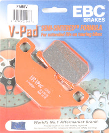 EBC Motorcycle Brakes Fa85v semi-sintered V Series brake pads with metal backing and friction material, designed for motorcycle braking systems.