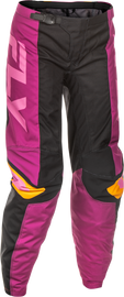 Fly Racing Women's F-16 racing pants in black, mauve, and yellow with size 15/16, featuring protective design and durable fabric.