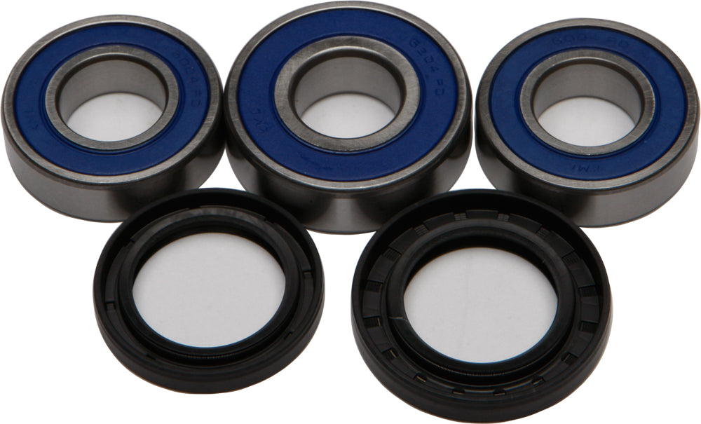 All Balls rear wheel bearing and seal kit for street motorcycles, showing metal bearings and rubber seals in the kit.