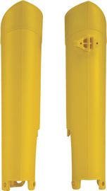 Acerbis yellow fork guard for motorcycle suspension, featuring bold yellow color and sturdy design, designed to protect fork components.