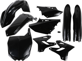 Acerbis black full plastic kit for motorcycles, showing various plastic panels and components on a white background.