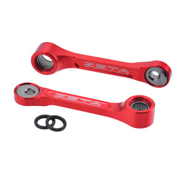 ZETA adjustable lowering link in red for motorcycle suspension, featuring a sturdy metal construction and mounting hardware.