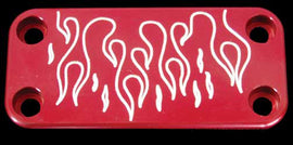 ModQuad Flames Red handlebar clamp for steering, featuring vibrant red flame design and sturdy construction.