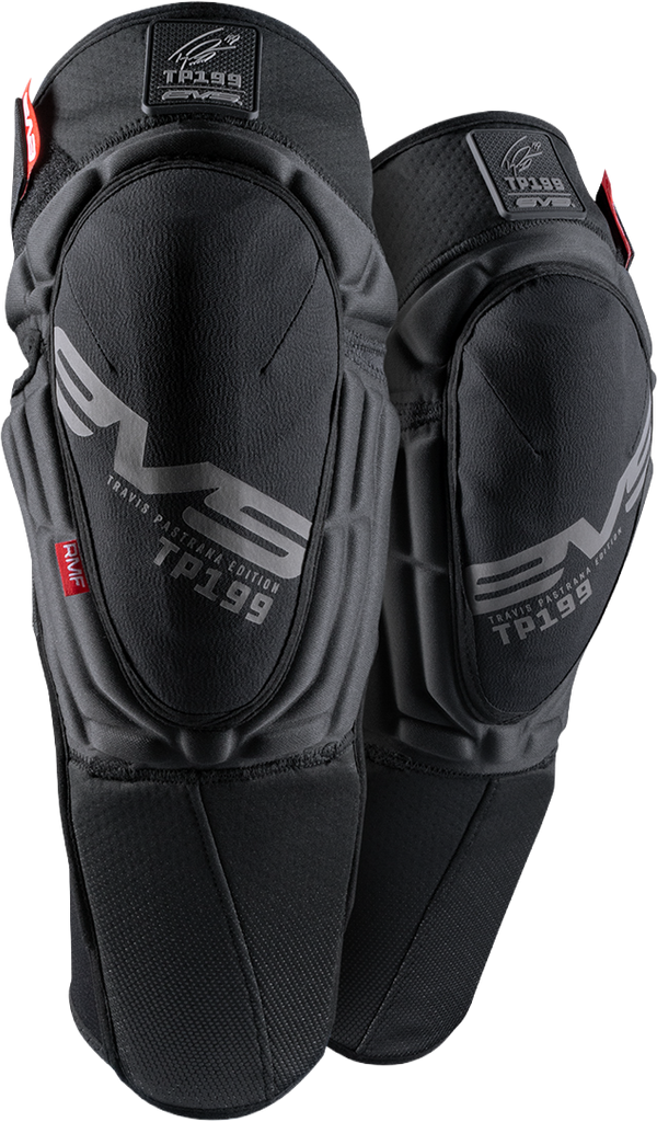 EVS TP199 knee and shin guard in black, large/extra-large size, padded protective gear for sports or outdoor activities.