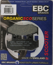 EBC Motorcycle Brakes Sfa323 organic brake pads showing black friction material with metal backing plate for motorcycle braking.