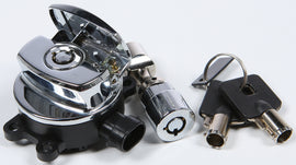 HardDrive Ignition Switch FX/Flst with Fork Lock, chrome finish, for motorcycle models, featuring easy-to-use switch and secure lock.