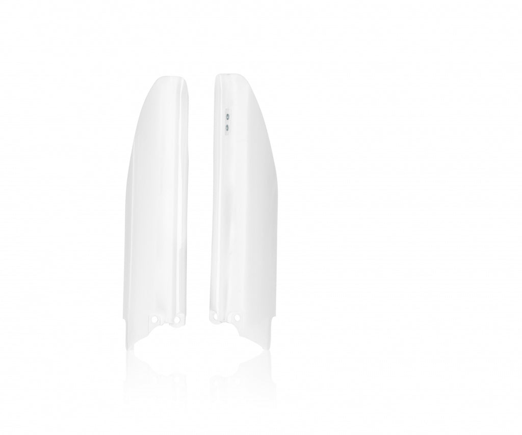 Acerbis white fork covers for motorcycle suspension, with a smooth finish and branding details visible in the image.