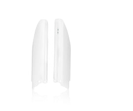 Acerbis white fork covers for motorcycle suspension, with a smooth finish and branding details visible in the image.