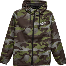 Alpine Star Treq Windbreaker in camouflage fabric, lightweight and wind-resistant, featuring a hood and zip front for outdoor protection.