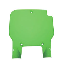 Polisport Plastics green number plate for KX125/250 motocross bike, shown in body style with mounting holes and branding details.