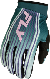 Fly Racing Youth F-16 Lift Gloves in green, purple, and pink with padded palms and breathable mesh for motocross riding.