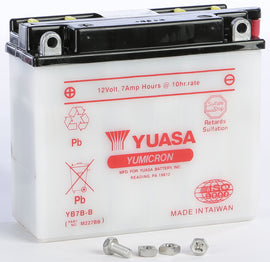 Yuasa YB7B-B conventional car battery with positive and negative terminals visible in the image.