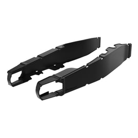 Polisport Plastics black swingarm protectors for motorcycles, showing close-up of durable plastic body guards with mounting details.