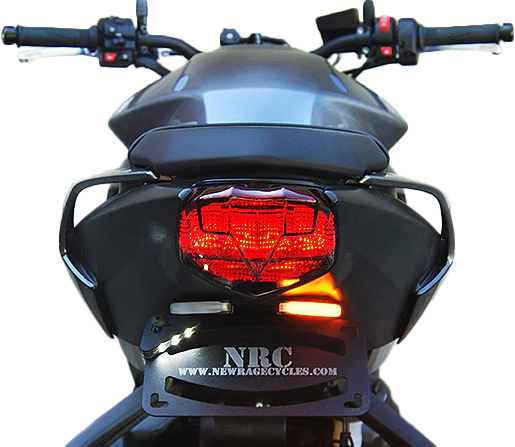 New Rage Cycles Fender Eliminator Tri body kit for motorcycles, shown in black with mounting hardware and sleek design.