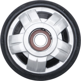 Ppd idler wheel measuring 5.55 inches by 20 mm, silver color, for industrial machinery, with smooth surface and mounting points