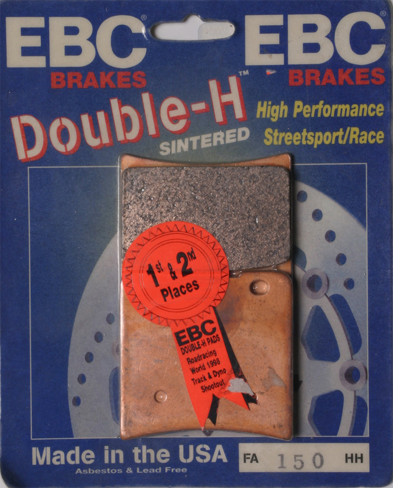 EBC Motorcycle Brakes Brake Pads 15-150H set showing black brake pad material with metal backing plates for motorcycle braking systems.