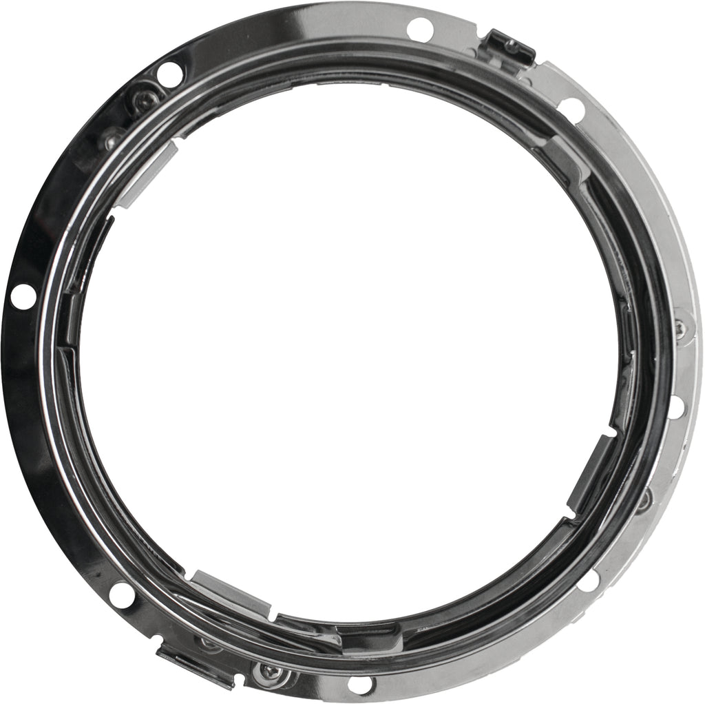 Pathfinder adapter ring and wiring harness mounting bracket, black metal bracket with mounting points and wiring slots.