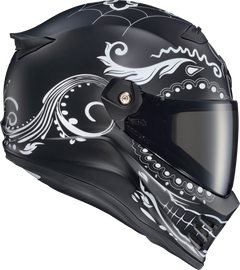 SCORPION EXO Covert Fx full face helmet in white and matte black, showing the sleek design and secure strap.