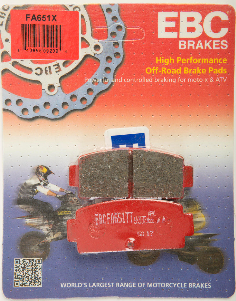 EBC Motorcycle Brakes Fa651x Carbon X Series brake pads showing metal backing plates and friction material for motorcycle braking system.