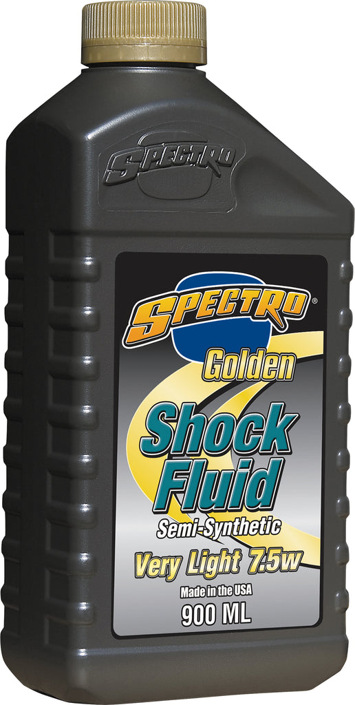 Spectro Golden Shock Very Light Oil 7.5w 900ml chemical bottle with yellow label and safety cap, used for lubrication or industrial purposes.