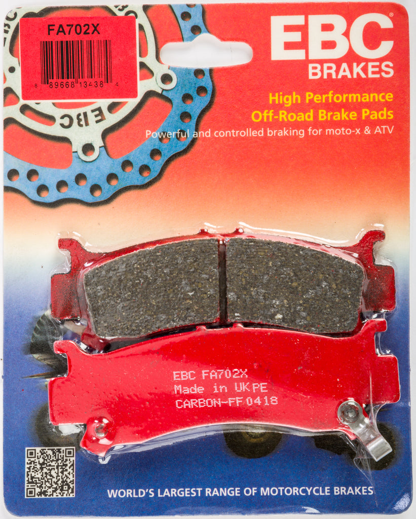 EBC Motorcycle Brakes Fa702X Carbon X Series brake pads with black friction material and metal backing plates for motorcycle braking systems.