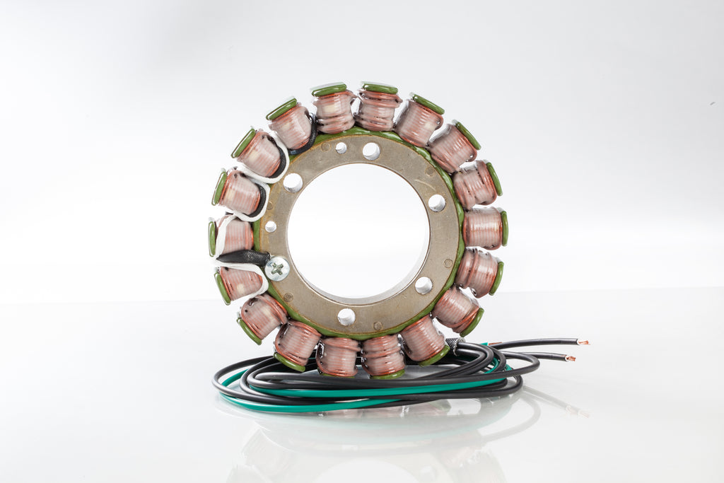 Ricks Motorsport Electric Stator 27-21627 for motorcycle electrical system, shown with coils and mounting points.