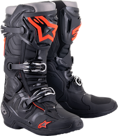 Alpine Star Tech 10 motorcycle boots in black and red fluo, size 13, showing the sturdy design and branding details.