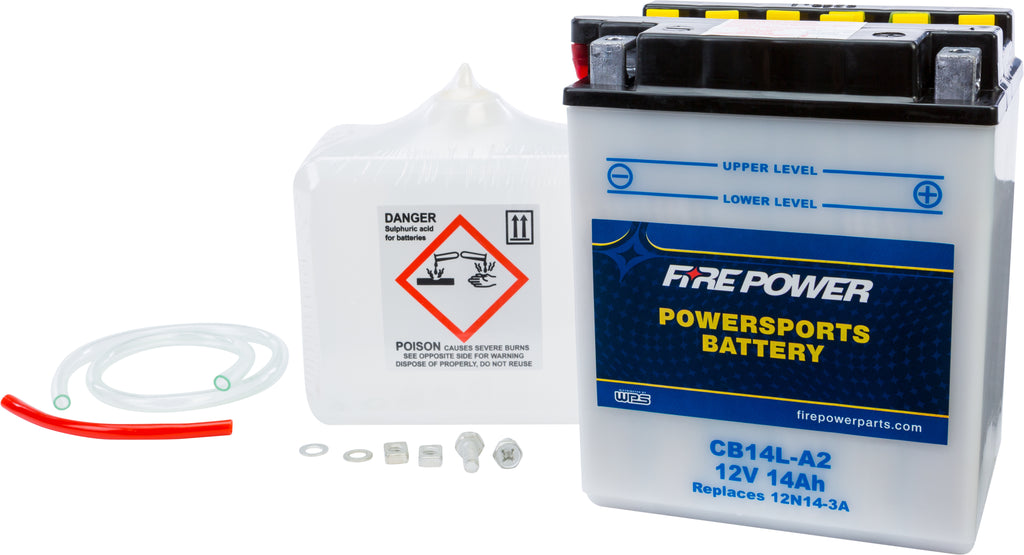 Fire Power 12V heavy-duty battery with acid for automotive use, model CB14L-A2, displayed with terminals visible