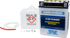 Fire Power 12V heavy-duty battery with acid for automotive use, model CB14L-A2, displayed with terminals visible