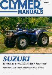 Clymer Suzuki King Quad and Runner repair manual cover showing detailed illustrations and technical diagrams for motorcycle maintenance.