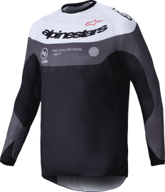 Alpine Star Pro-Dura jersey in black, magnet, and white showing front view with breathable fabric and sporty design.