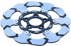 Flo Motorsports M/D floating rotor 11.5 inch front brake in gold, showcasing the detailed design and mounting holes.