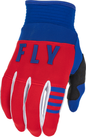 Fly Racing Youth F-16 gloves in red, white, and blue with protective padding, designed for motocross and riding comfort.