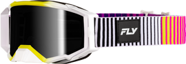 Fly Racing Zone Elite goggles with pink, yellow, and clear dark smoke hydrophobic lens, outdoor riding gear, close-up view.