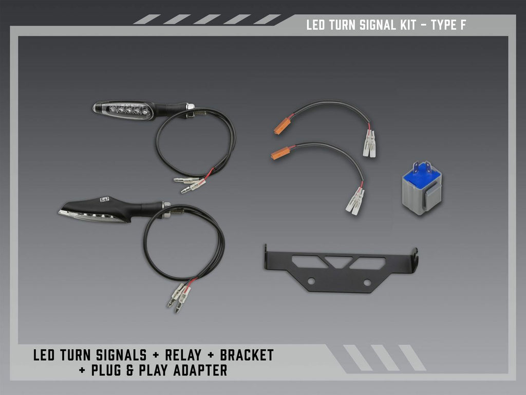 Yoshimura Fe V2 standard LED turn signal kit mounted on a vehicle body, showcasing LED lights and sleek design.