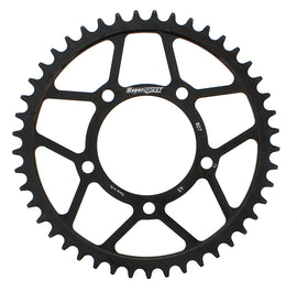 Steel Supersprox 45-tooth rear sprocket for Suzuki 525 chain, black finish, durable motorcycle sprocket with gear teeth.