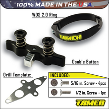 Load image into Gallery viewer, Tamer Double Button Holeshot Suspension device with metal buttons and mounting hardware, designed for off-road vehicle performance.