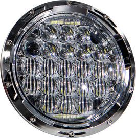 HardDrive 7-inch 90W LED headlight with chrome finish, emitting 3500/2400 lumens, for vehicle illumination.