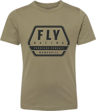 Load image into Gallery viewer, Youth Fly Racing Fly Track Tee in olive green, featuring the Fly Racing logo on the front, shown on a plain background.
