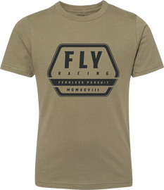Youth Fly Racing Fly Track Tee in olive green, featuring the Fly Racing logo on the front, shown on a plain background.