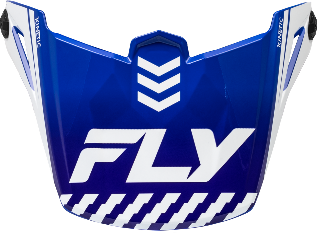 Fly Racing Kinetic Menace visor in blue and white, featuring a sleek design and adjustable fit for motocross helmets.