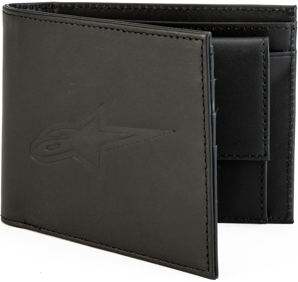 Black Alpine Star Ageless Leather Wallet showing sleek design and embossed logo, made from durable leather.