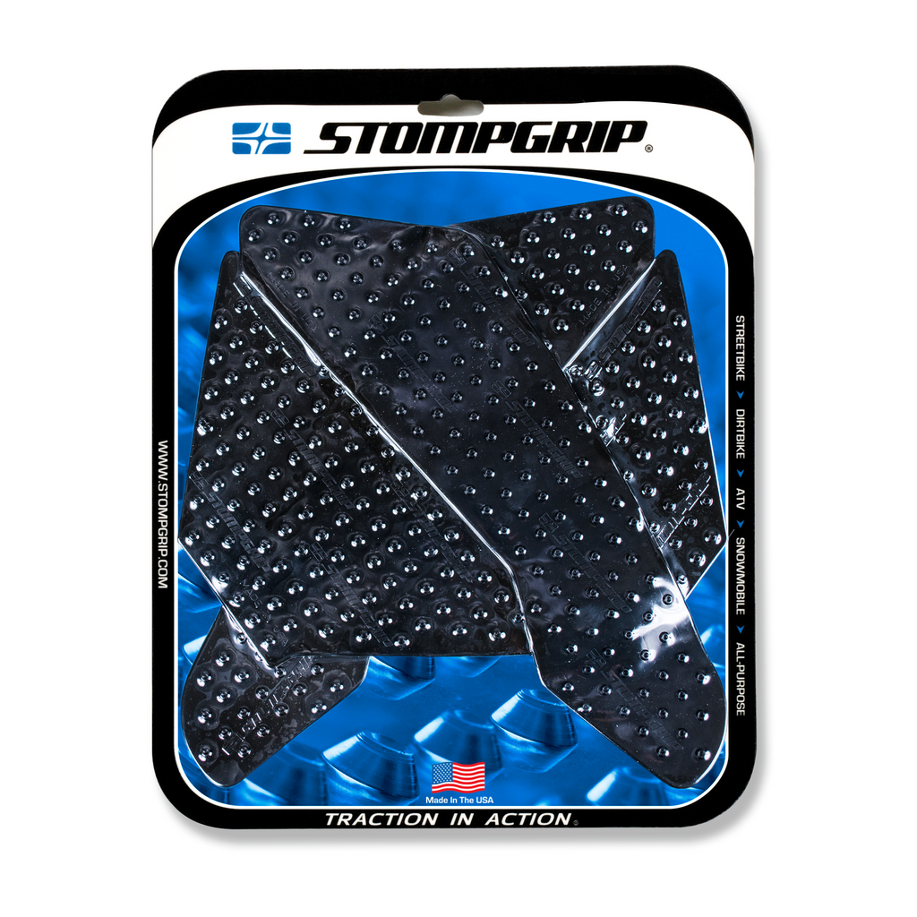 Stompgrip Tank Pad Kit Volcan Black for motorcycle body protection, featuring textured black rubber with Stompgrip branding.