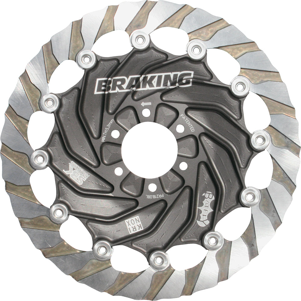 Braking Kx Series left braking rotor with vented design, shown in metallic finish, for motorcycle braking systems.
