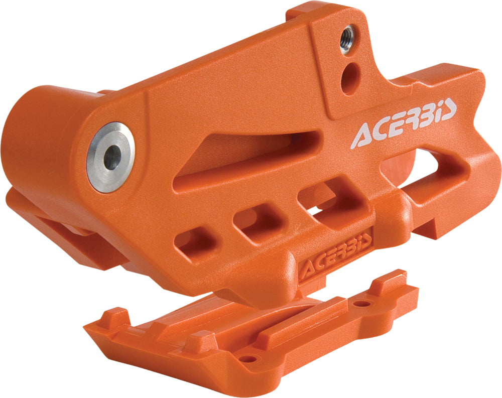 Acerbis orange chain guide and slider for motocross bikes, showing the durable plastic and metal mounting components.