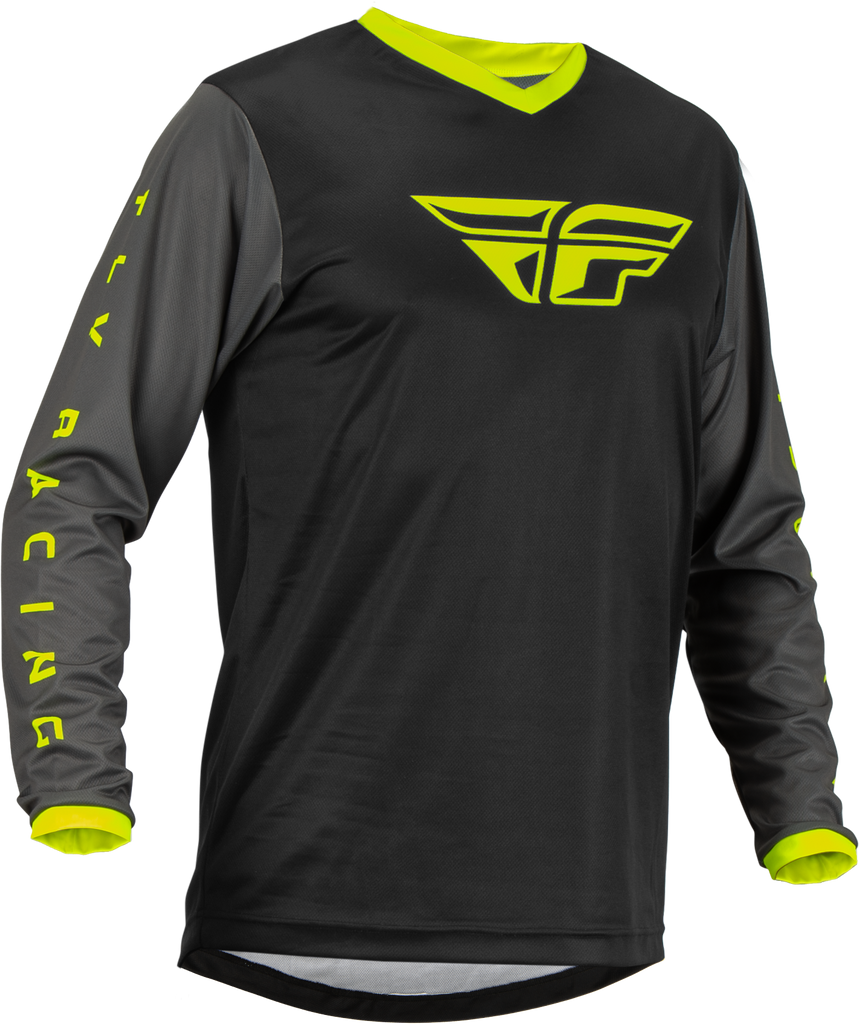 Fly Racing F-16 motocross jersey in black, grey, and hi-vis colors, XL size, featuring a lightweight, breathable design.