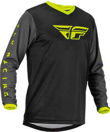 Fly Racing F-16 jersey in black, grey, and hi-vis colors with bold design, made for motocross or off-road riding.