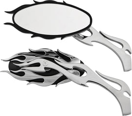 HardDrive Flame mirrors with black and chrome finish, featuring flame-styled stems, designed for motorcycle customization.